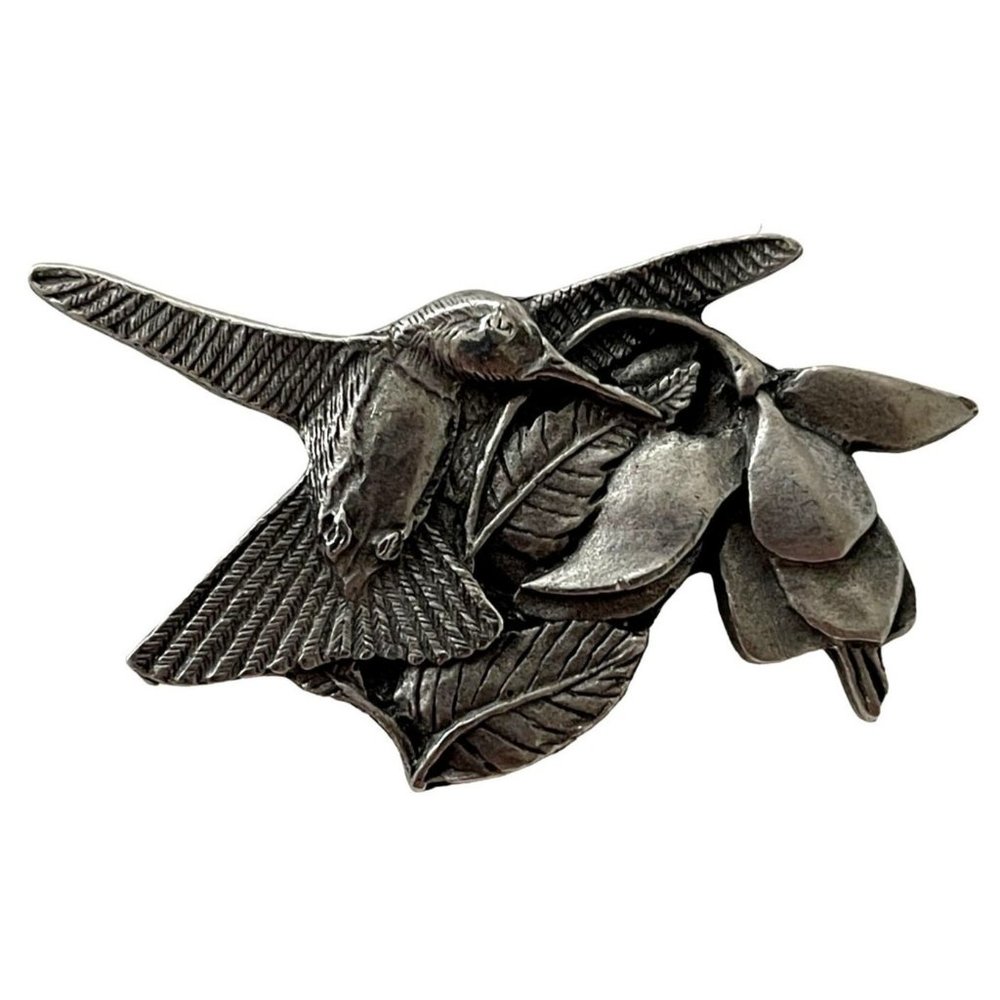 Vintage Birds And Blooms Brooch Pewter Hummingbird Bird & Orchid Flower Pin